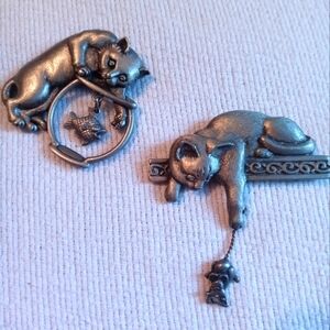 Beautiful two-piece cat silver brooches